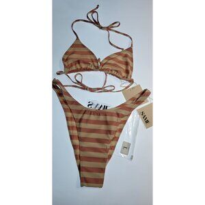 SAME Los Angeles Striped Bikini Set Triangle Top & High Cut Bottom Size L NWT